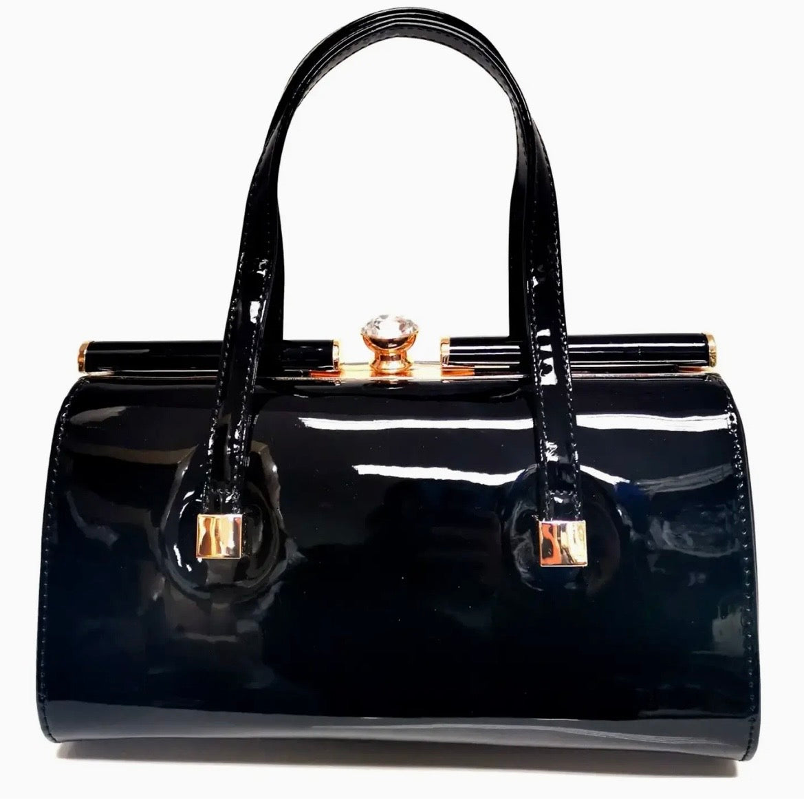 Large Glossy Diamond Detail Top Handle Handbag Clasp Opening