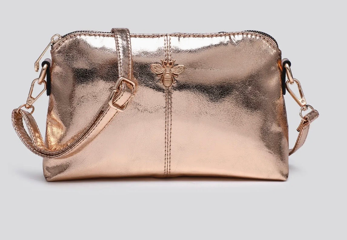 Leather Crossbody Bag with Bee Logo Gold