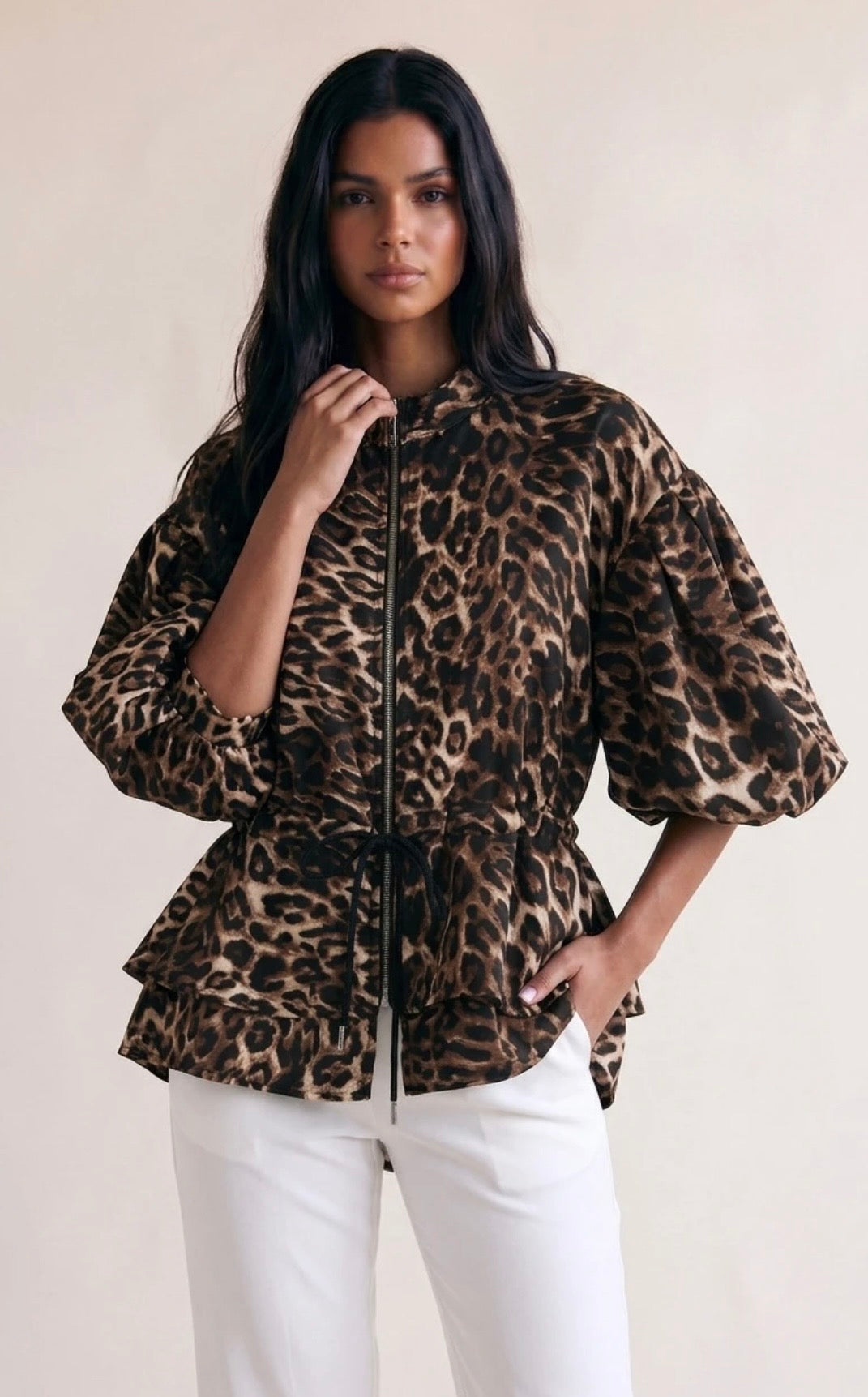 Leopard Balloon Sleeve Peplum Jacket