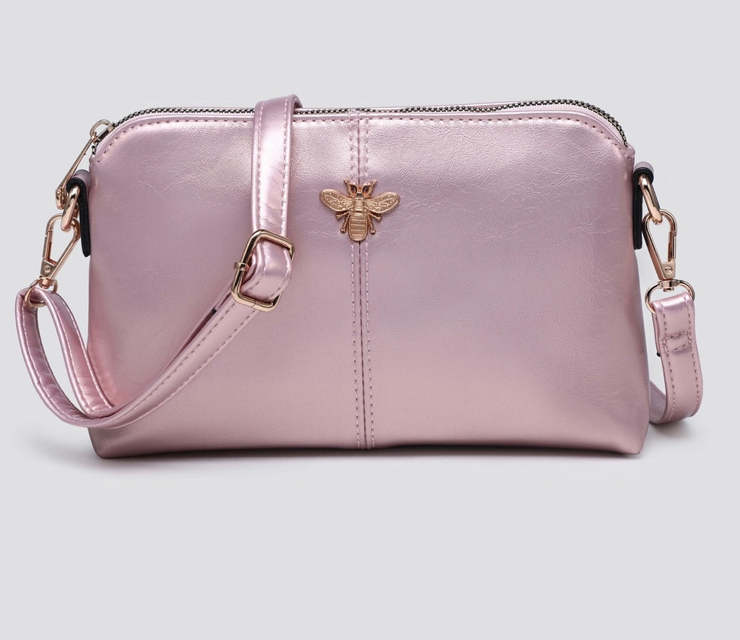 Faux Leather Crossbody Bag with Bee Logo Pink
