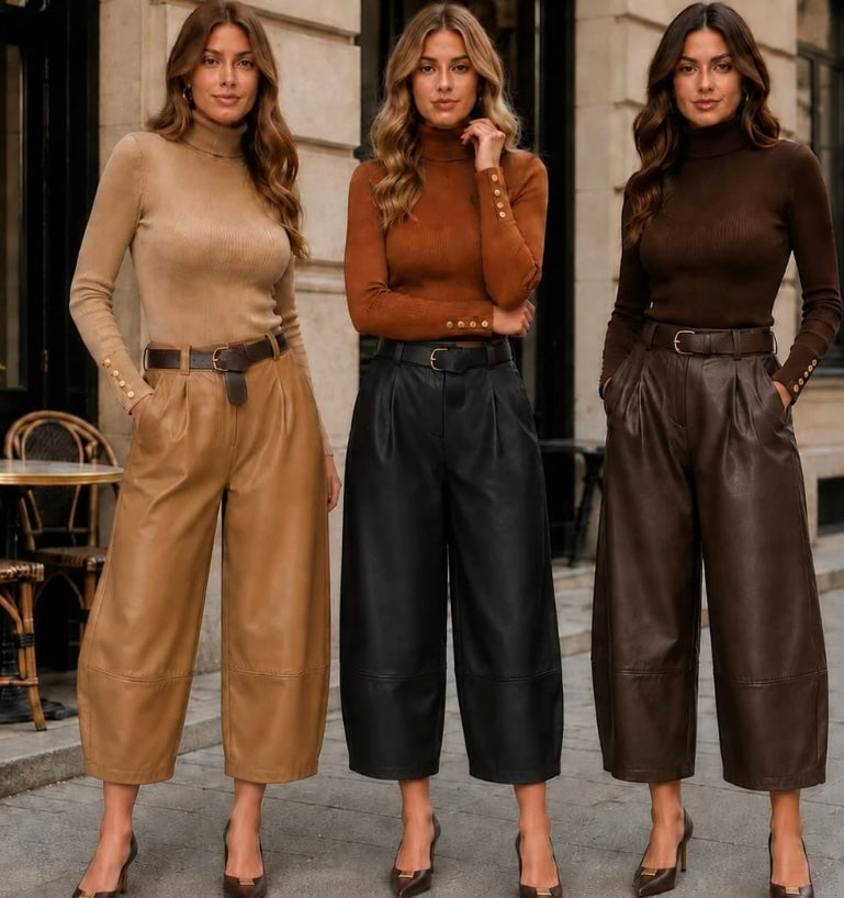 BARRELL LEG SOFT PU LEATHER LOOK TROUSERS Caramel