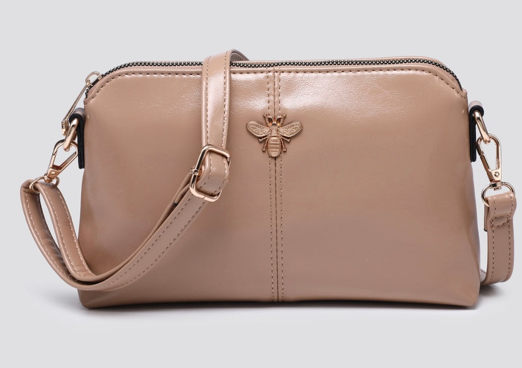 Faux Leather Crossbody Bag with Bee Logo Nude